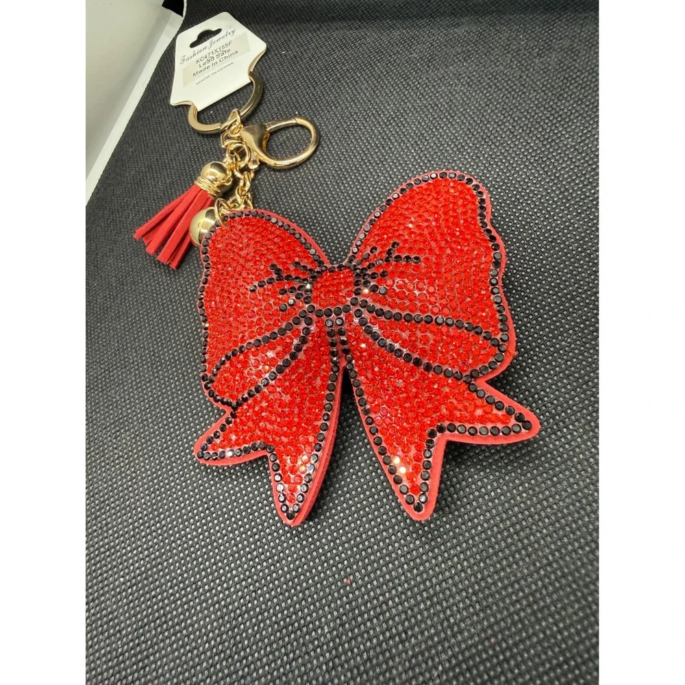 Red Rhinestone Bow Keychain Gold Tone Tassel Bell Bag Charm Whimsygoth